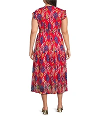 Calessa Plus Size Mesh Knit Abstract Ikat Print V-Neck Cap Sleeve Midi Dress