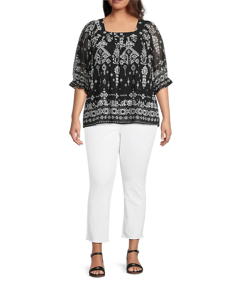 Calessa Plus Size Mesh Knit Abstract Mosaic Square Neck Elbow Puff Sleeve Blouse