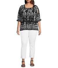 Calessa Plus Size Mesh Knit Abstract Mosaic Square Neck Elbow Puff Sleeve Blouse