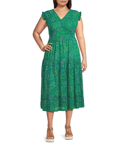 Calessa Plus Size Mesh Knit Vintage Leaf Print Plunge V-Neck Cap Sleeve Fit & Flare Midi Dress