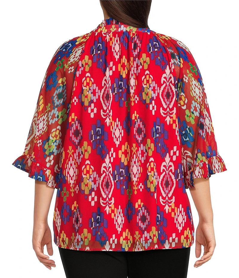Calessa Plus Size Mesh Knit Printed Round Split Neck 3/4 Sleeve Button Front Tunic