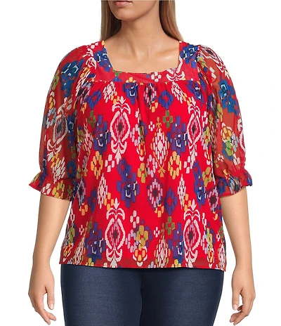 Calessa Plus Size Mesh Knit Ikat Printed Square Neck Elbow Sleeve Tunic