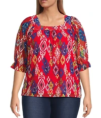 Calessa Plus Size Mesh Knit Ikat Printed Square Neck Elbow Sleeve Tunic