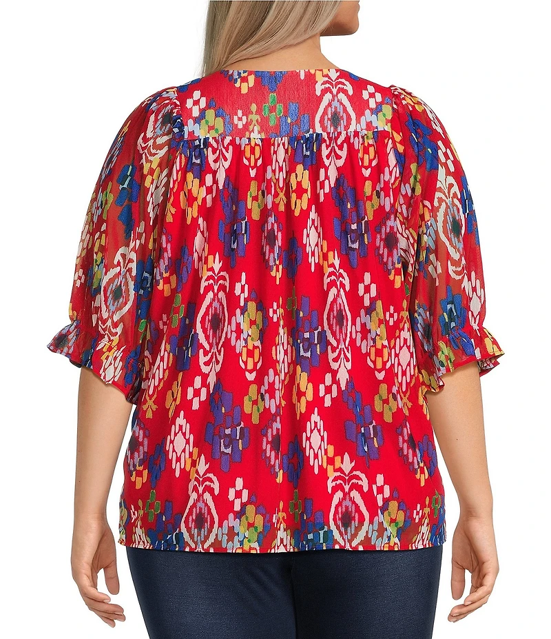 Calessa Plus Size Mesh Knit Ikat Printed Square Neck Elbow Sleeve Tunic