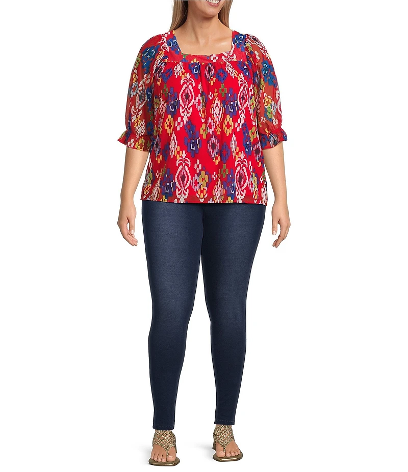 Calessa Plus Size Mesh Knit Ikat Printed Square Neck Elbow Sleeve Tunic