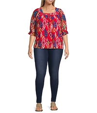 Calessa Plus Size Mesh Knit Ikat Printed Square Neck Elbow Sleeve Tunic