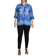 Calessa Plus Size Mesh Knit Split V-Neck 3/4 Sleeve Border Henna Print Tunic