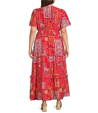 Calessa Plus Size Mini Garden Floral Split V-Neck Short Sleeve Tiered Dress