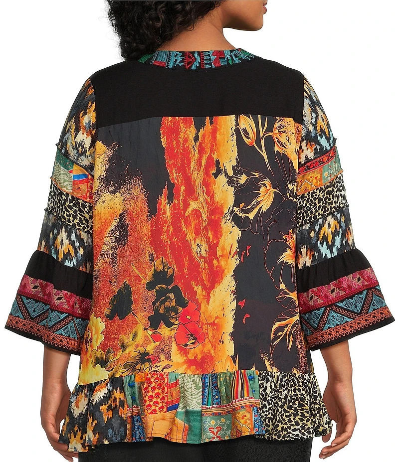Calessa Plus Size Mixed Floral Print Embroidered Split V-Neck 3/4 Bell Sleeve Tunic