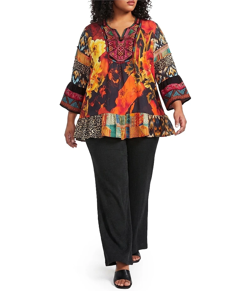 Calessa Plus Size Mixed Floral Print Embroidered Split V-Neck 3/4 Bell Sleeve Tunic