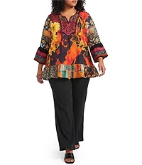 Calessa Plus Size Mixed Floral Print Embroidered Split V-Neck 3/4 Bell Sleeve Tunic