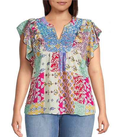 Calessa Plus Size Modern Mosaic Embroidered Split V-Neck Ruffle Cap Sleeve Tunic