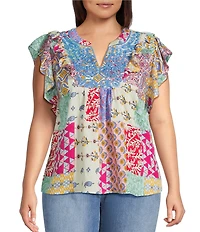 Calessa Plus Size Modern Mosaic Embroidered Split V-Neck Ruffle Cap Sleeve Tunic