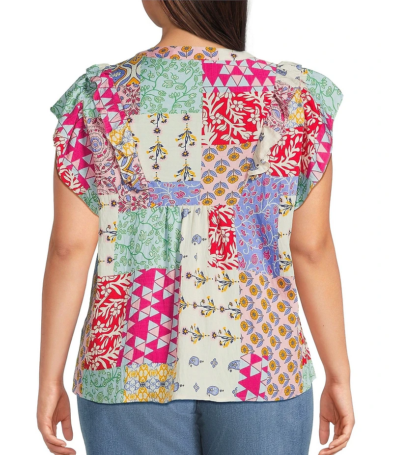 Calessa Plus Size Modern Mosaic Embroidered Split V-Neck Ruffle Cap Sleeve Tunic