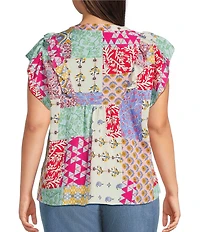 Calessa Plus Size Modern Mosaic Embroidered Split V-Neck Ruffle Cap Sleeve Tunic