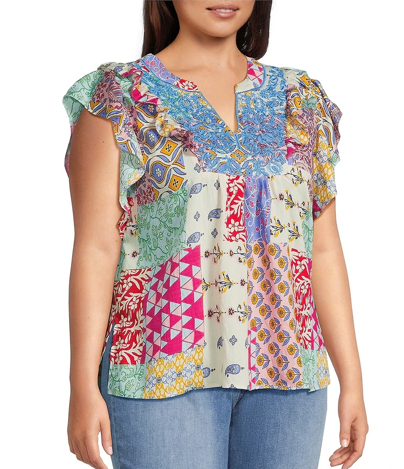 Calessa Plus Size Modern Mosaic Embroidered Split V-Neck Ruffle Cap Sleeve Tunic