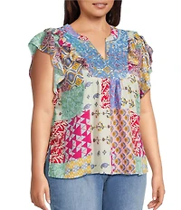 Calessa Plus Size Modern Mosaic Embroidered Split V-Neck Ruffle Cap Sleeve Tunic