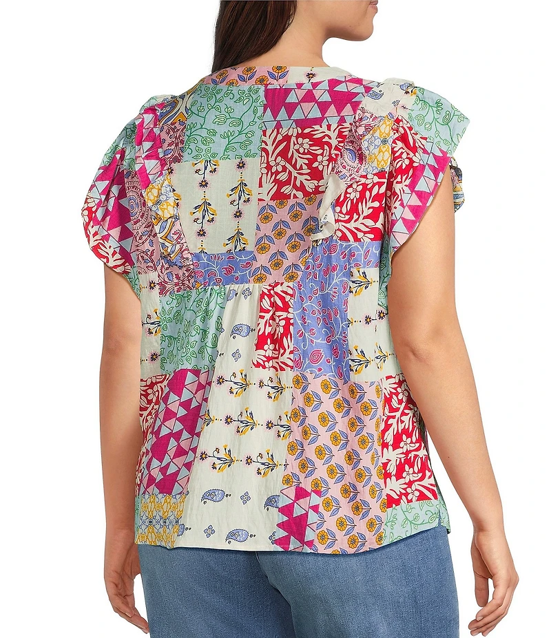 Calessa Plus Size Modern Mosaic Embroidered Split V-Neck Ruffle Cap Sleeve Tunic