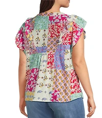 Calessa Plus Size Modern Mosaic Embroidered Split V-Neck Ruffle Cap Sleeve Tunic