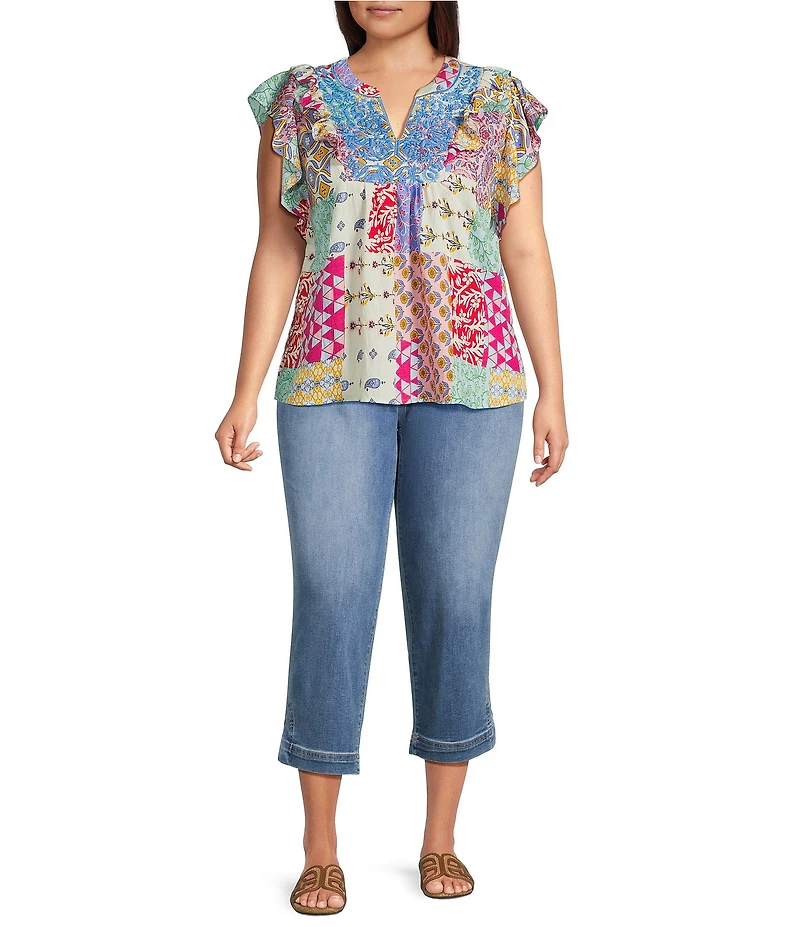 Calessa Plus Size Modern Mosaic Embroidered Split V-Neck Ruffle Cap Sleeve Tunic