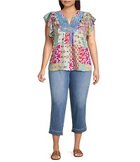 Calessa Plus Size Modern Mosaic Embroidered Split V-Neck Ruffle Cap Sleeve Tunic
