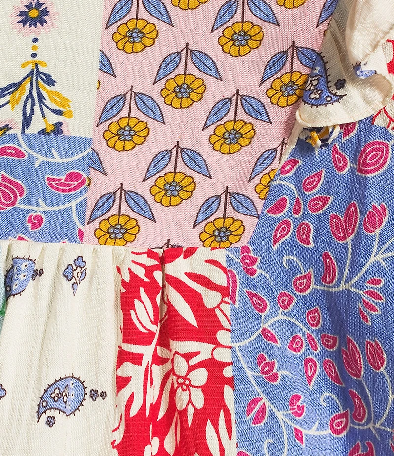 Calessa Plus Size Modern Mosaic Embroidered Split V-Neck Ruffle Cap Sleeve Tunic