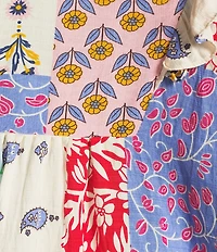 Calessa Plus Size Modern Mosaic Embroidered Split V-Neck Ruffle Cap Sleeve Tunic