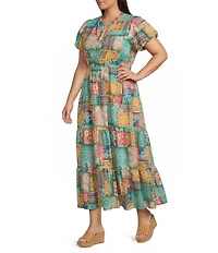 Calessa Plus Size Modern Mosaic Print Split V-Neck Short Puff Sleeve Tiered A-Line Midi Dress