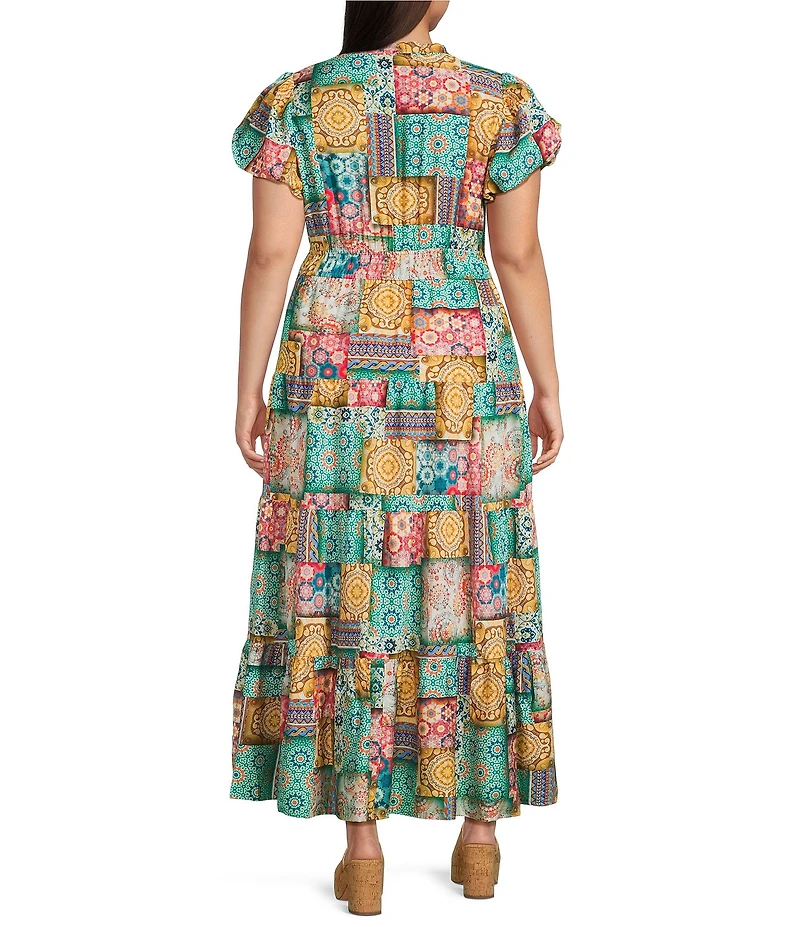 Calessa Plus Size Modern Mosaic Print Split V-Neck Short Puff Sleeve Tiered A-Line Midi Dress