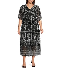 Calessa Plus Size Modern Mosaic V-Neck Short Sleeve Tiered A-line Midi Dress