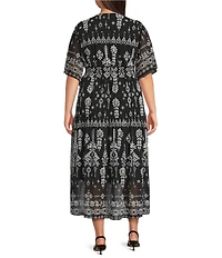 Calessa Plus Size Modern Mosaic V-Neck Short Sleeve Tiered A-line Midi Dress