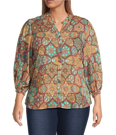 Calessa Plus Size Mosaic Patchwork Print High Split V-Neck 3/4 Sleeve Button Front Blouse