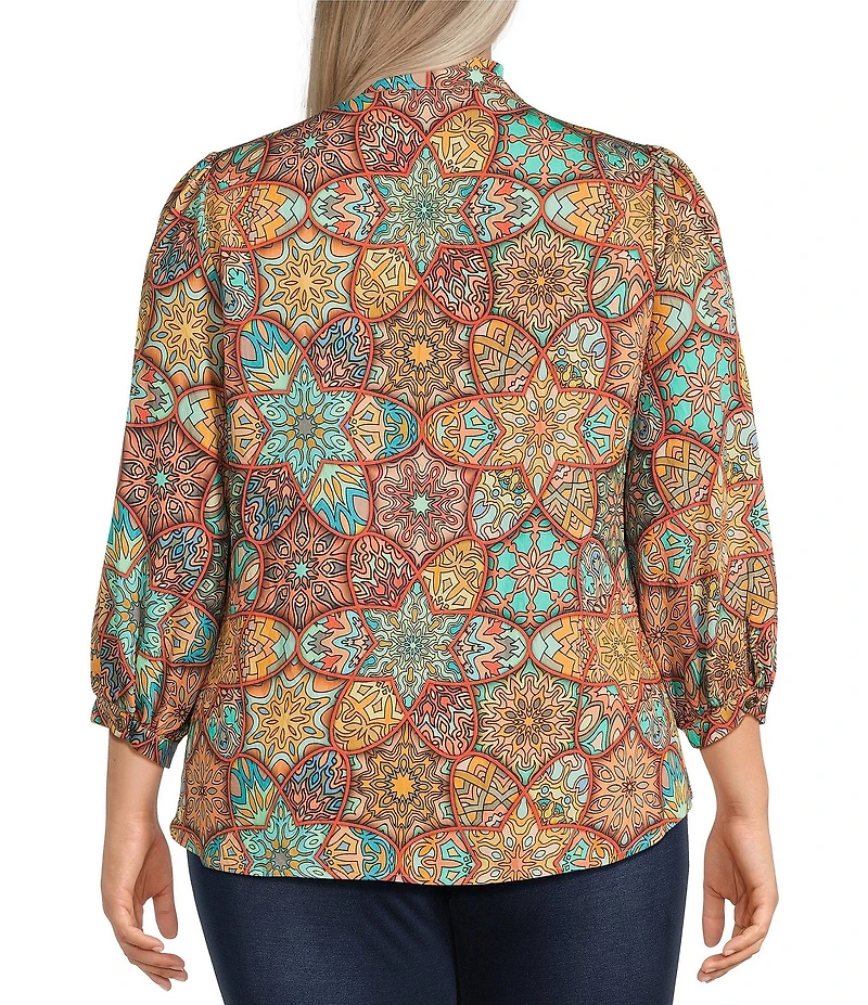 Calessa Plus Size Mosaic Patchwork Print High Split V-Neck 3/4 Sleeve Button Front Blouse