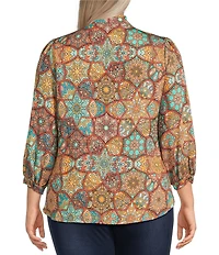 Calessa Plus Size Mosaic Patchwork Print High Split V-Neck 3/4 Sleeve Button Front Blouse