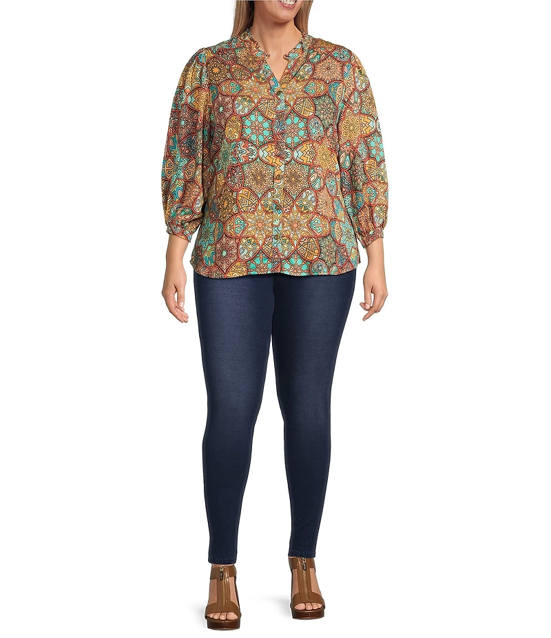 Calessa Plus Size Mosaic Patchwork Print High Split V-Neck 3/4 Sleeve Button Front Blouse