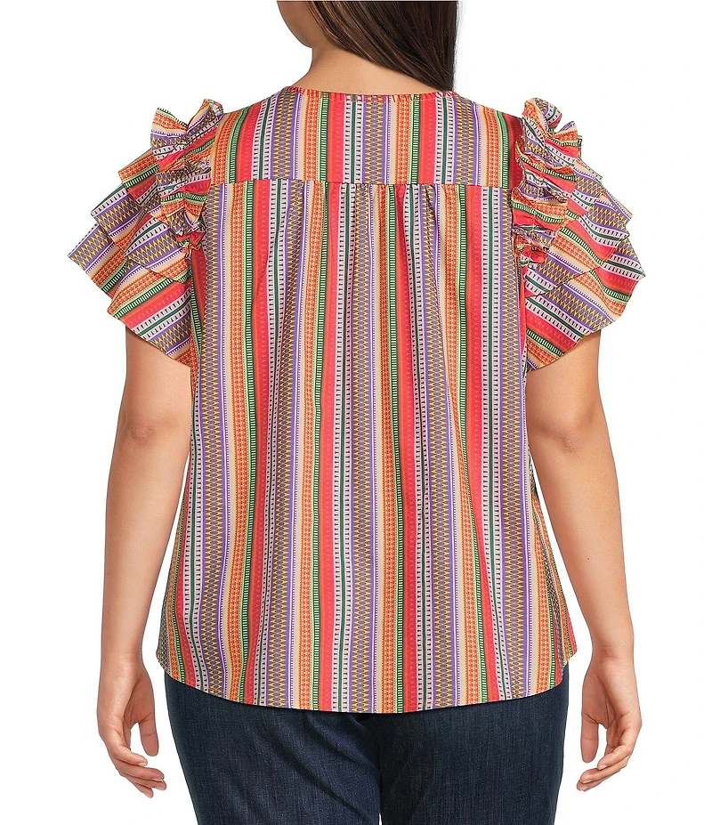 Calessa Plus Size Multi Stripe Split V-Neck Short Ruffle Sleeve Tunic
