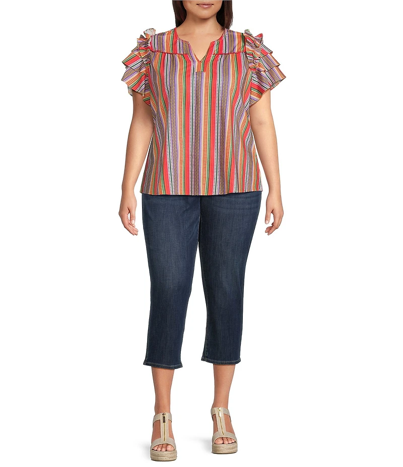 Calessa Plus Size Multi Stripe Split V-Neck Short Ruffle Sleeve Tunic