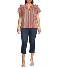 Calessa Plus Size Multi Stripe Split V-Neck Short Ruffle Sleeve Tunic
