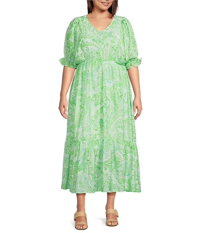 Calessa Plus Size Paisley Print V-Neck Elbow Sleeve Tiered Dress