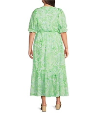 Calessa Plus Size Paisley Print V-Neck Elbow Sleeve Tiered Dress