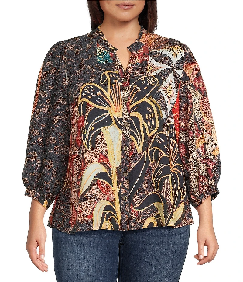 Calessa Plus Size Paisley Split V-Neck 3/4 Sleeve Button Front Tunic