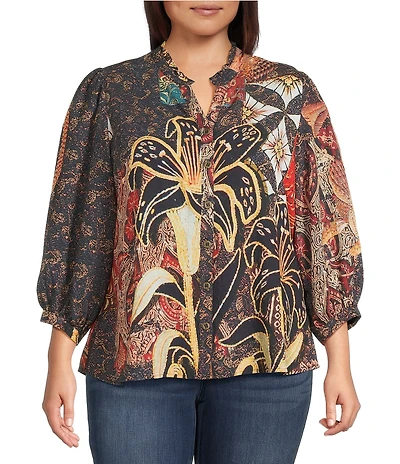 Calessa Plus Size Paisley Split V-Neck 3/4 Sleeve Button Front Tunic