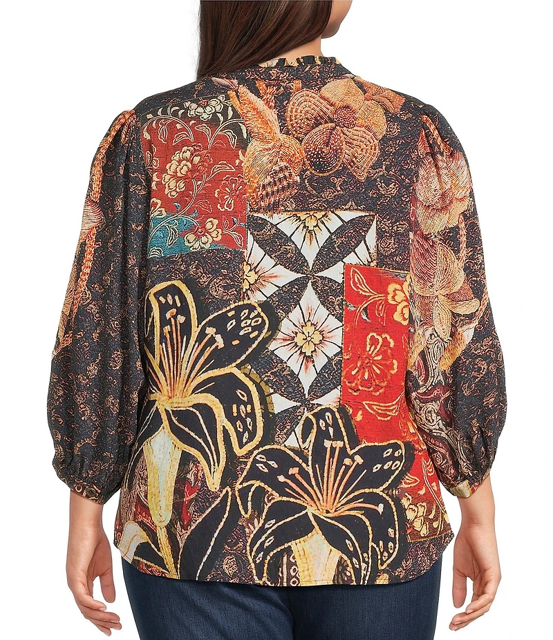 Calessa Plus Size Paisley Split V-Neck 3/4 Sleeve Button Front Tunic