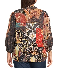 Calessa Plus Size Paisley Split V-Neck 3/4 Sleeve Button Front Tunic