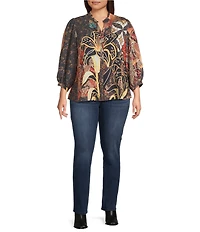 Calessa Plus Size Paisley Split V-Neck 3/4 Sleeve Button Front Tunic