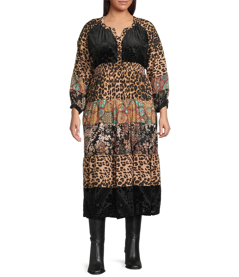 Calessa Plus Size Patchwork Animal Print V-Neck Wrist Length Sleeve Midi Dress
