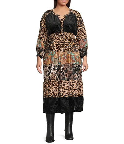 Calessa Plus Size Patchwork Animal Print V-Neck Wrist Length Sleeve Midi Dress