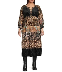 Calessa Plus Size Patchwork Animal Print V-Neck Wrist Length Sleeve Midi Dress