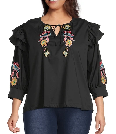 Calessa Plus Size Patchwork Embroidered Split V-Neck 3/4 Sleeve Tunic
