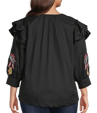 Calessa Plus Size Patchwork Embroidered Split V-Neck 3/4 Sleeve Tunic